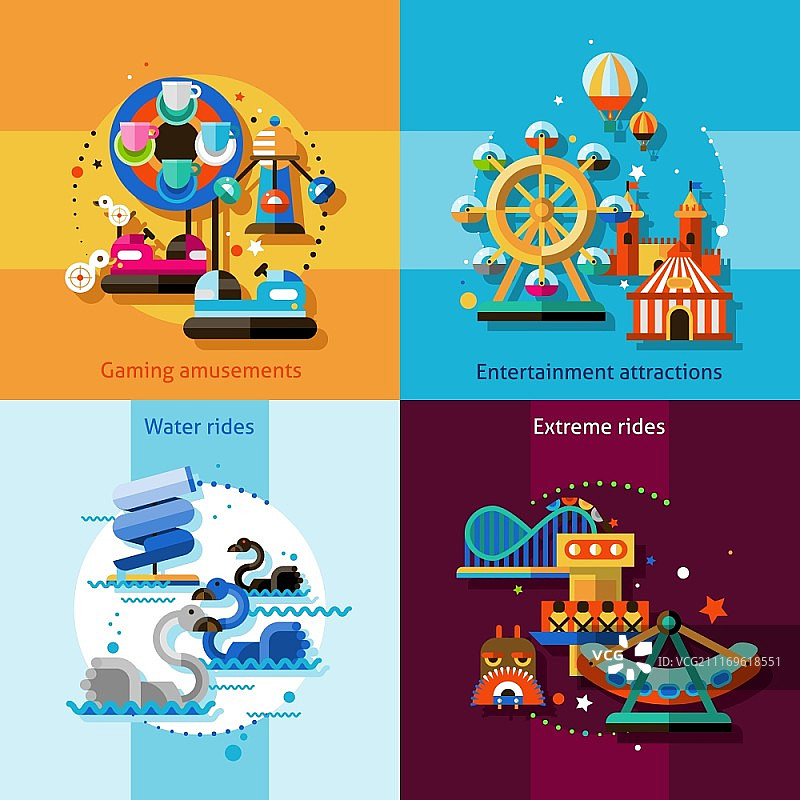 包含游戏娱乐设施、水上和极限游乐设施的游乐园设计理念图片素材