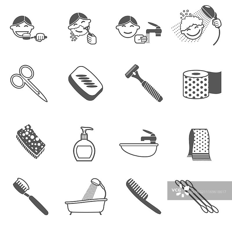 个人卫生用品黑色图标集，包含发刷、剪刀、剃须刀、纸巾等，矢量插图。卫生图标黑色图片素材