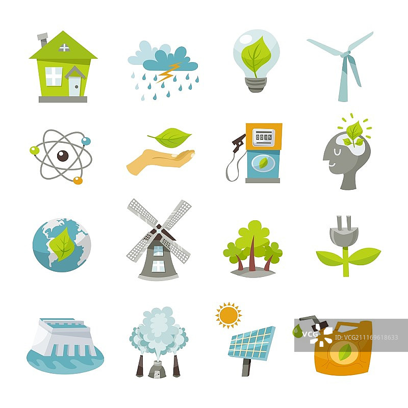 生态可再生回收能源扁平图标集图片素材
