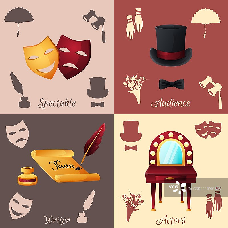 剧院设计概念：包含观众、编剧和演员图标的矢量素材图片素材
