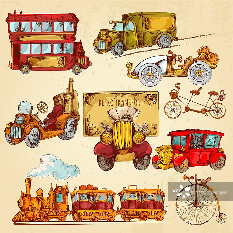 复古运输工具蒸汽朋克历史车辆装饰图标矢量图图片素材
