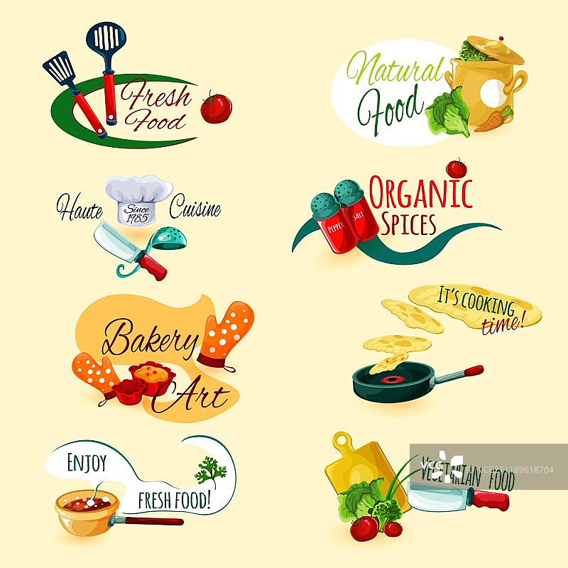 新鲜天然食品有机香料烹饪和烘焙标志集隔离矢量插图，烹饪标志集图片素材