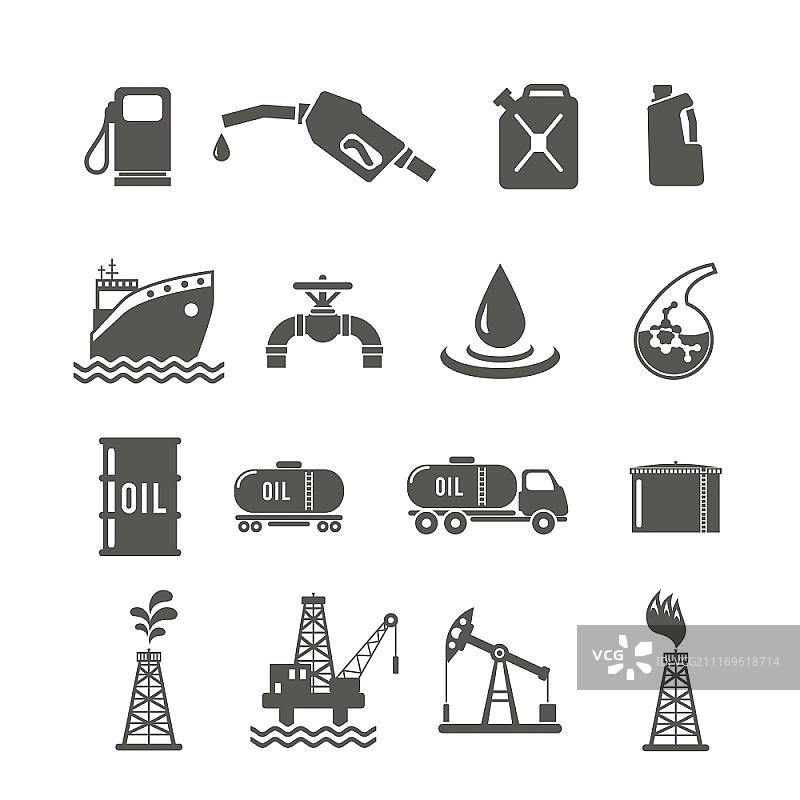 石油工业黑色图标集，包含油罐车运输终端钻井矢量图图片素材