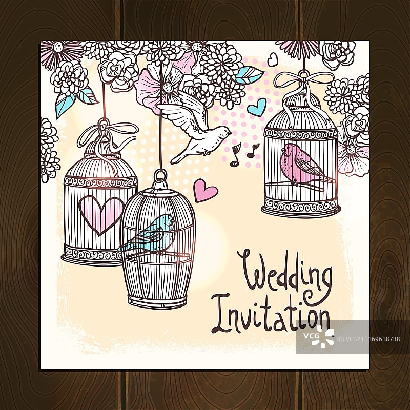 手绘鸟笼花卉爱心装饰婚礼邀请卡图片素材