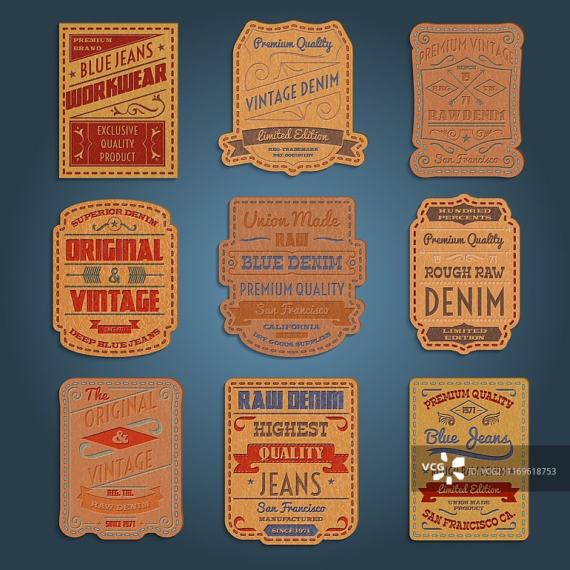 复古蓝色原牛皮革品牌标签合集矢量插画图片素材