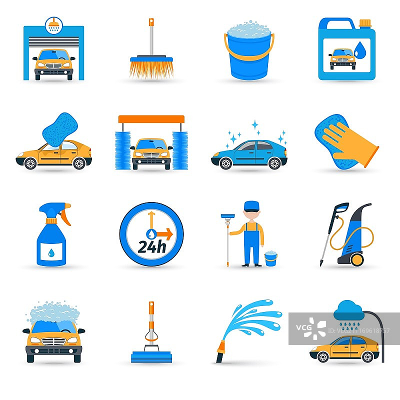 自动洗车设施：创新型自助泡沫刷单元设备扁平图标集抽象矢量图图片素材