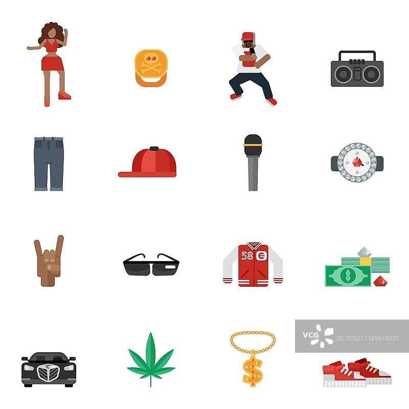 说唱和嘻哈街头音乐扁平图标集矢量插图图片素材