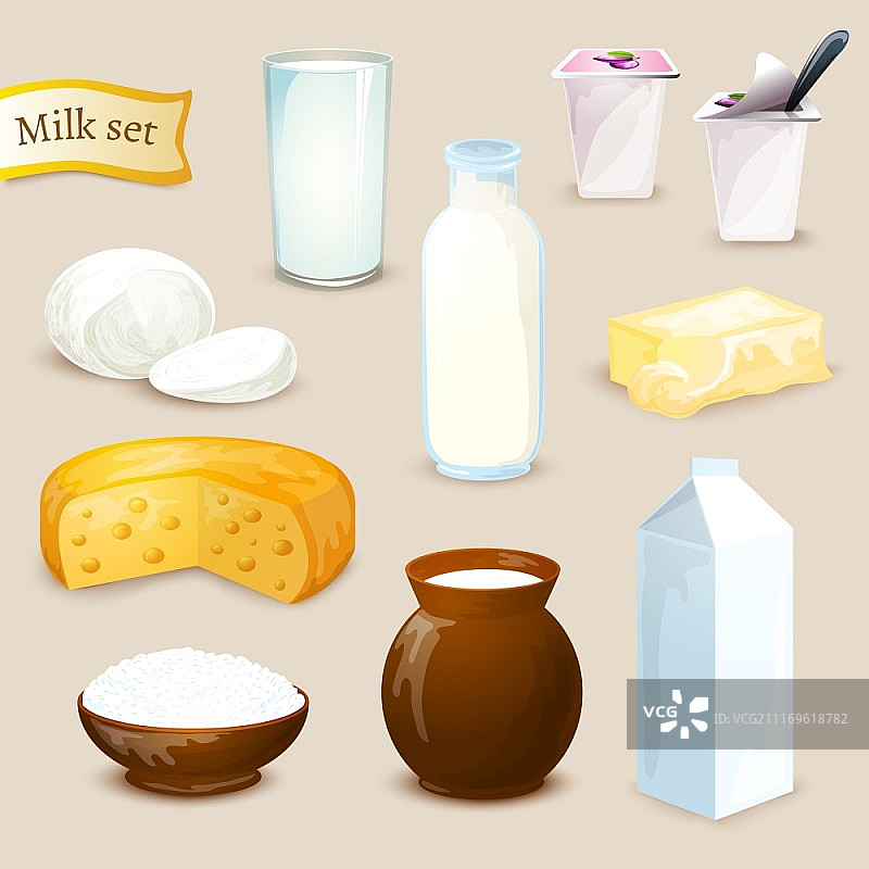 牛奶食品和饮料产品装饰图标集：酸奶、奶酪、黄油独立矢量图。牛奶制品合集图片素材