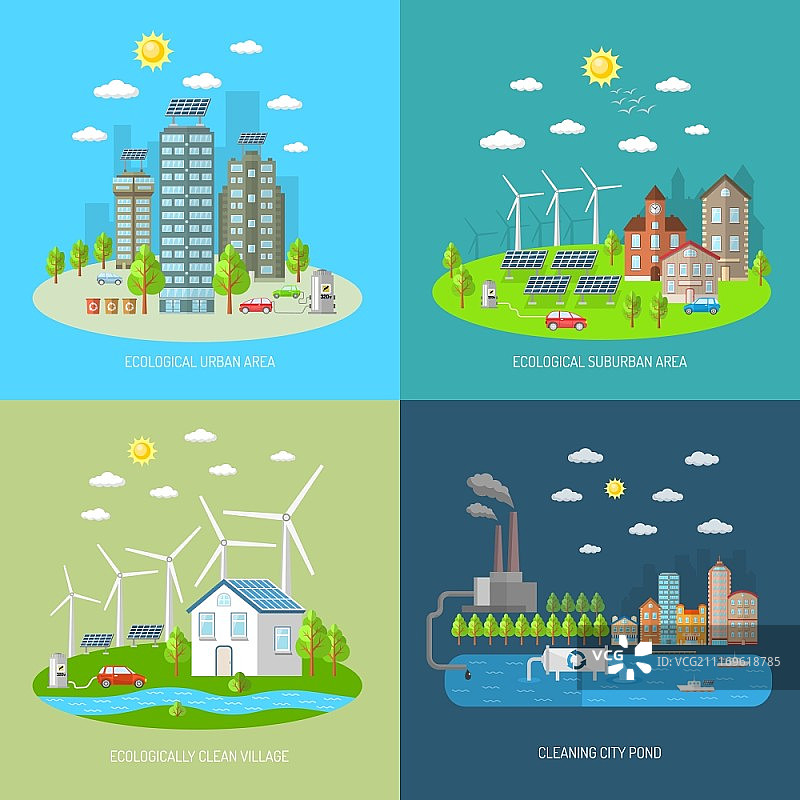 生态城市设计概念：生态城市郊区清洁村庄扁平图标图片素材