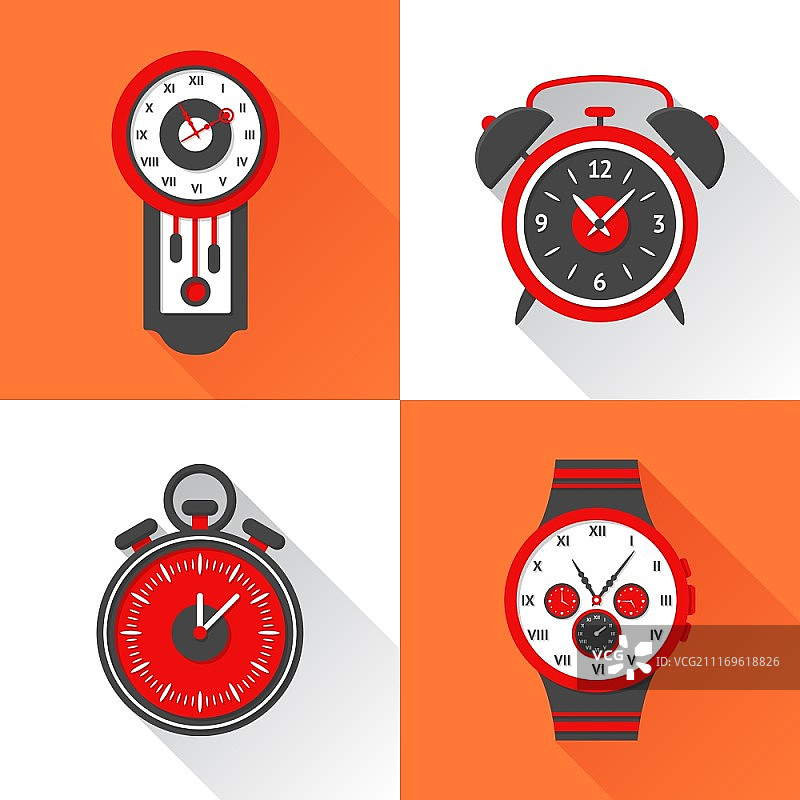 闹钟扁平图标合集，含布谷鸟闹钟、秒表和腕表矢量图图片素材