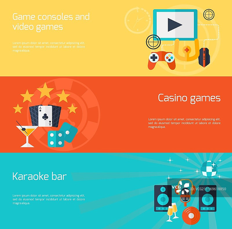 包含视频、赌场游戏、卡拉OK酒吧等元素的横版娱乐宣传banner矢量素材。娱乐banner素材图片素材