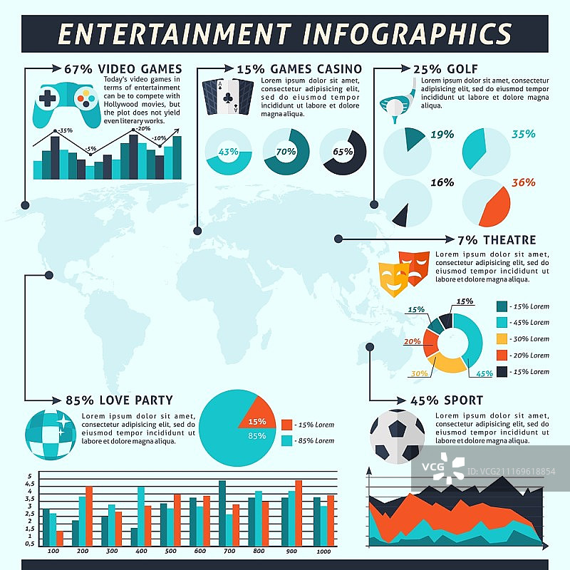 含体育博彩酒精符号和图表的娱乐信息图表矢量素材。娱乐信息图表合集图片素材