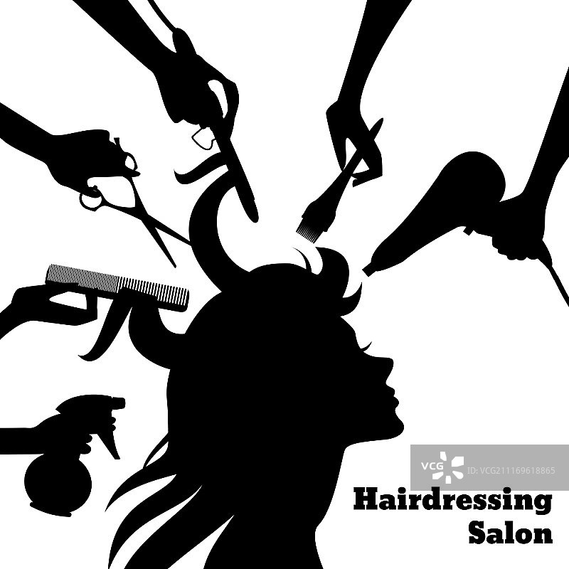 以女性侧面轮廓和美发师双手与配饰的美容院概念矢量图图片素材