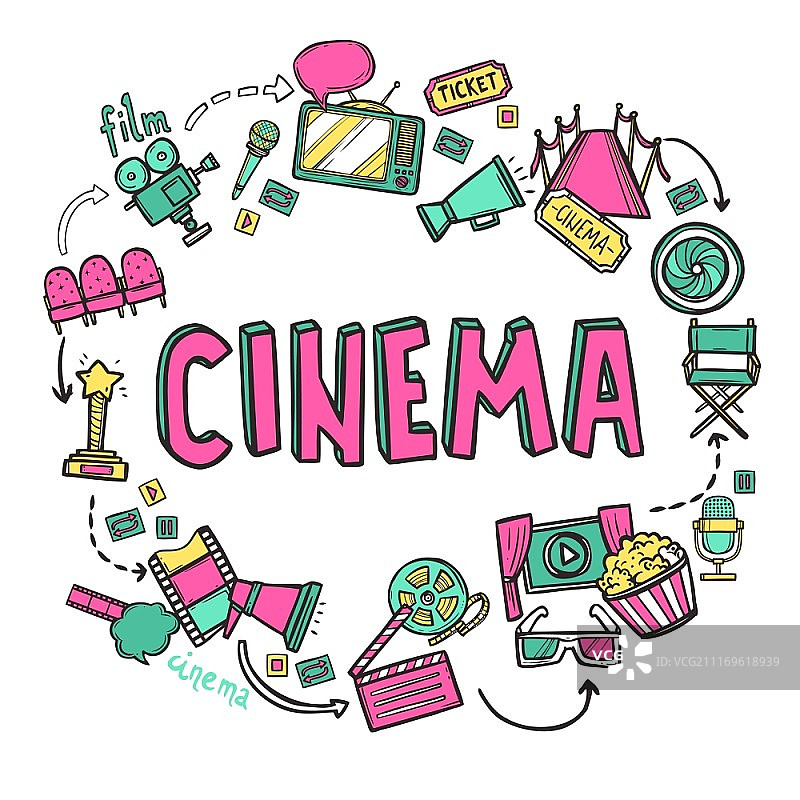 手绘电影艺术图标的电影设计概念矢量图图片素材