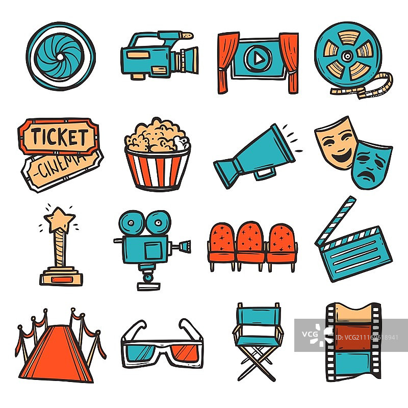 电影装饰彩色图标集，包含视频屏幕电影摄影机电影票矢量图图片素材