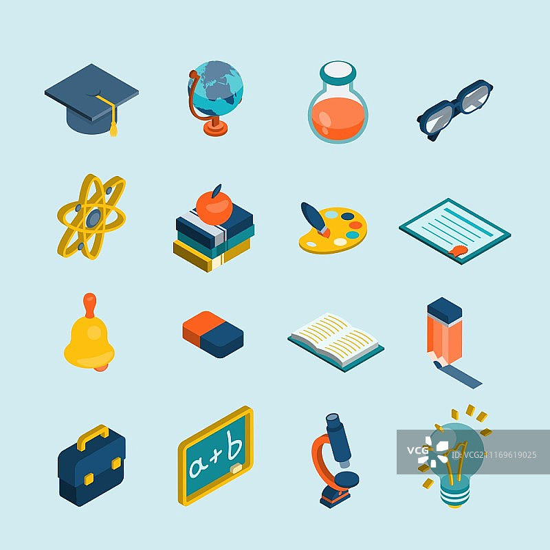 2.5D教育等距设置，包含3D眼镜、灯泡、黑板、地球仪等孤立矢量图图片素材