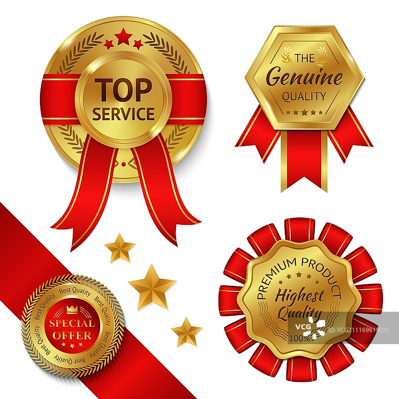 顶级服务奖优质丝带和金牌矢量图，奖项丝带套装图片素材