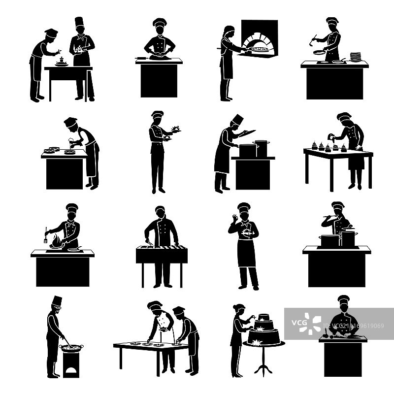 黑色烹饪图标集，包含餐厅厨师人物矢量图图片素材