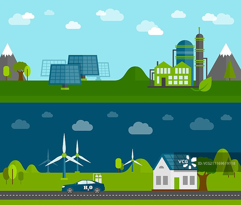 生物可再生能源与家用太阳能系统抽象矢量banner图片素材