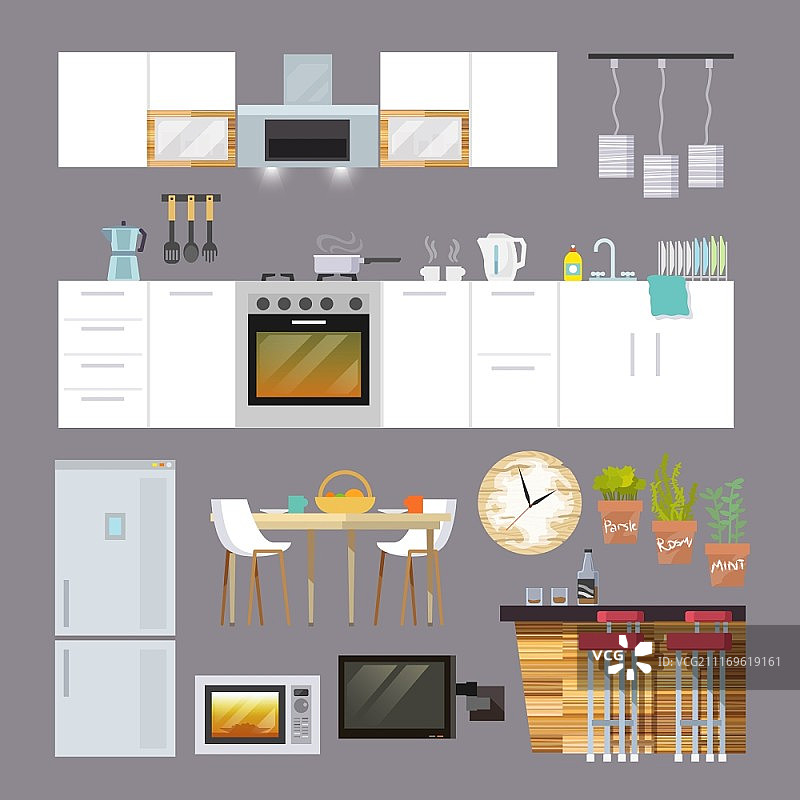 厨房内饰和家具装饰图标扁平化矢量图图片素材