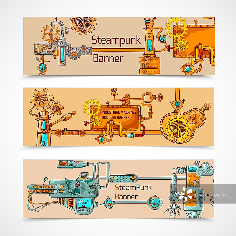 蒸汽朋克横幅套装：工程师机器人机械元素矢量图图片素材