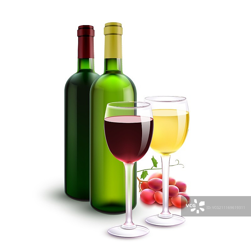 带玻璃杯和葡萄串矢量图的红色和白色逼真葡萄酒瓶套装。红葡萄酒和白葡萄酒图片素材