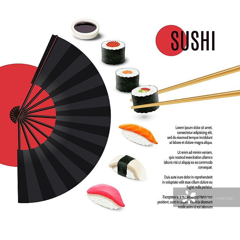 日式料理店海报：寿司卷与折扇图片素材