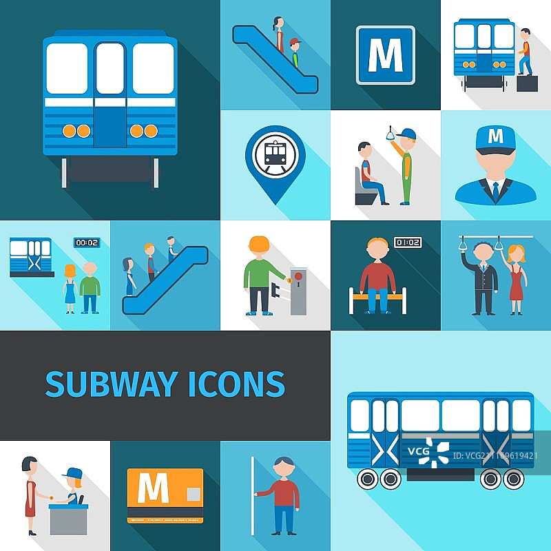 地铁装饰图标扁平化设计，包含交通乘客、员工和物体等元素矢量插图图片素材