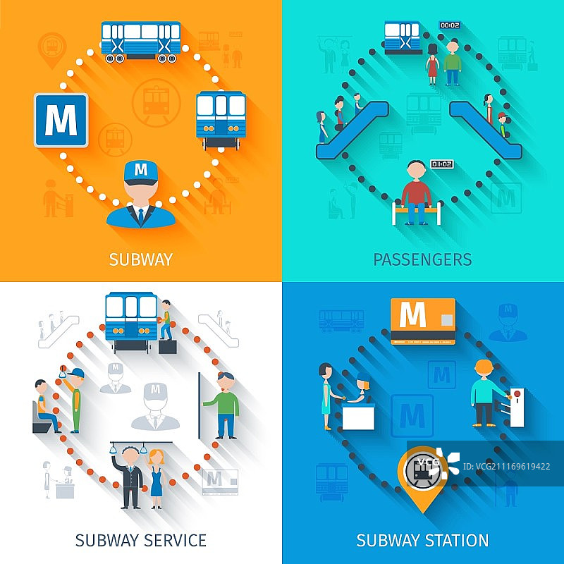 包含乘客站和服务扁平图标的地铁设计概念矢量图图片素材