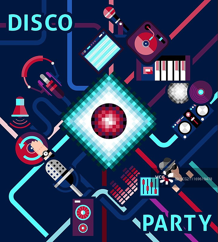 迪斯科派对背景，电子音乐设备和DJ图标矢量图图片素材
