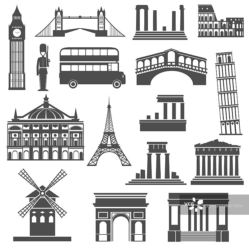 世界著名旅游景点和古迹黑色图标，带凯旋门抽象隔离矢量插图。旅游地标黑色图标集图片素材