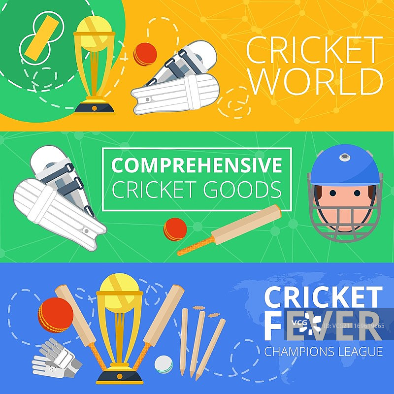 冠军联赛板球世界商品符号扁平banner集，包含俱乐部场地设备抽象孤立矢量图。板球水平横幅图片素材