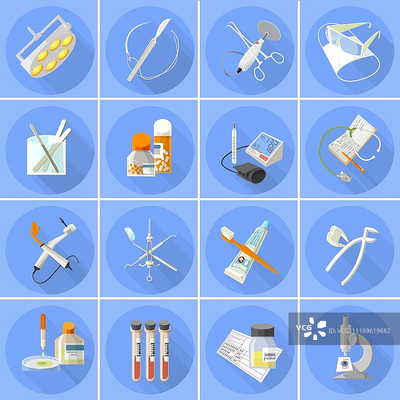 医疗保健器械和配件扁平图标，含温度计和听诊器矢量图图片素材