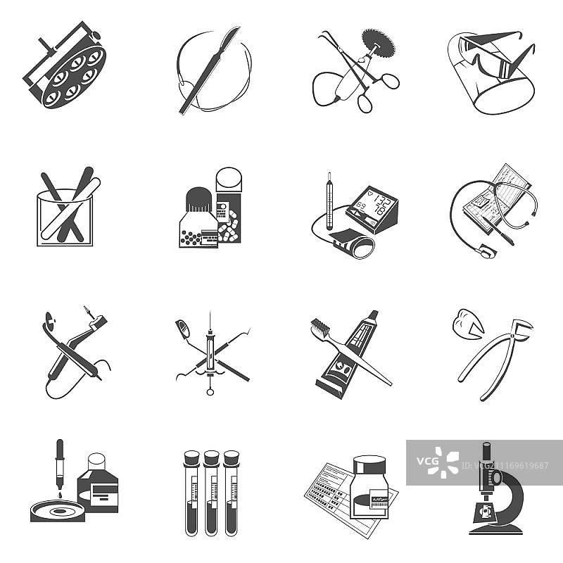 医疗牙科器械及配件黑色图标集，包含手术刀和镊子抽象独立矢量图。医疗保健黑色图标集图片素材