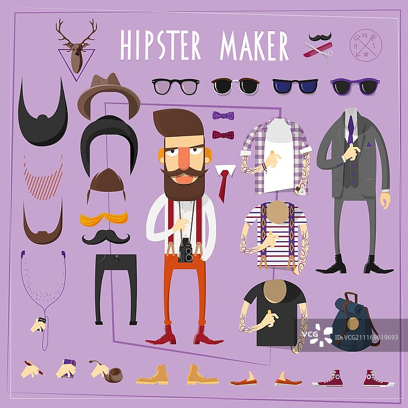 时尚达人配件组合：假胡子、太阳镜和鞋类抽象扁平矢量插画。时尚达人创意组合套装图片素材