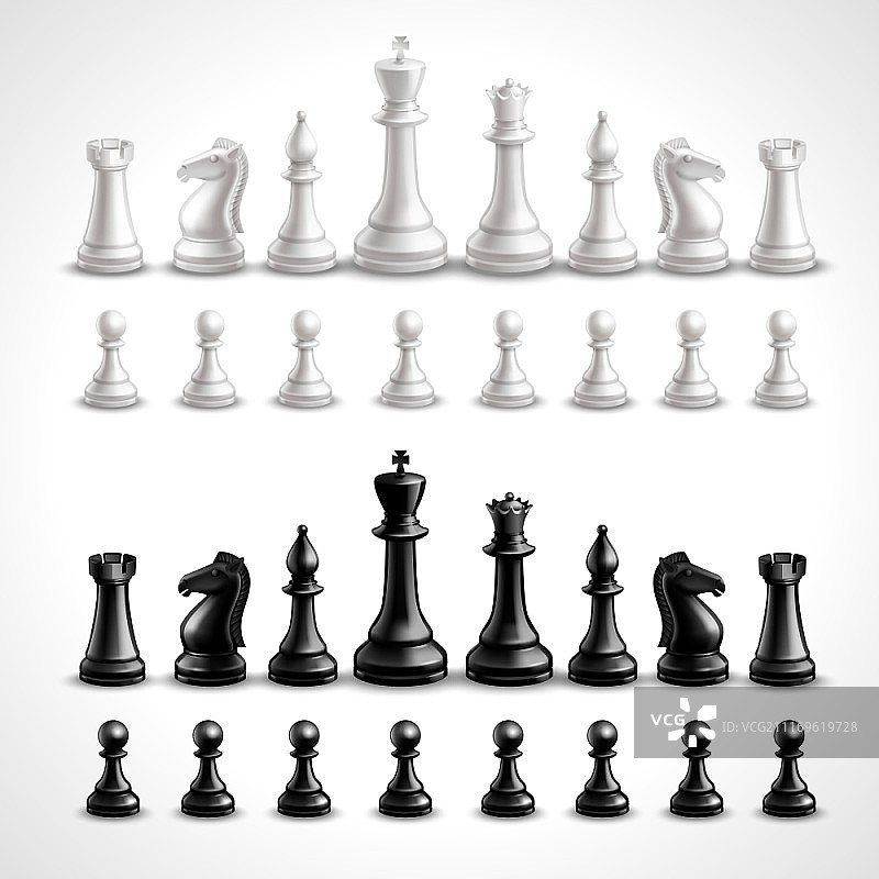 逼真的黑白棋子国际象棋游戏矢量图。逼真的国际象棋棋子图片素材