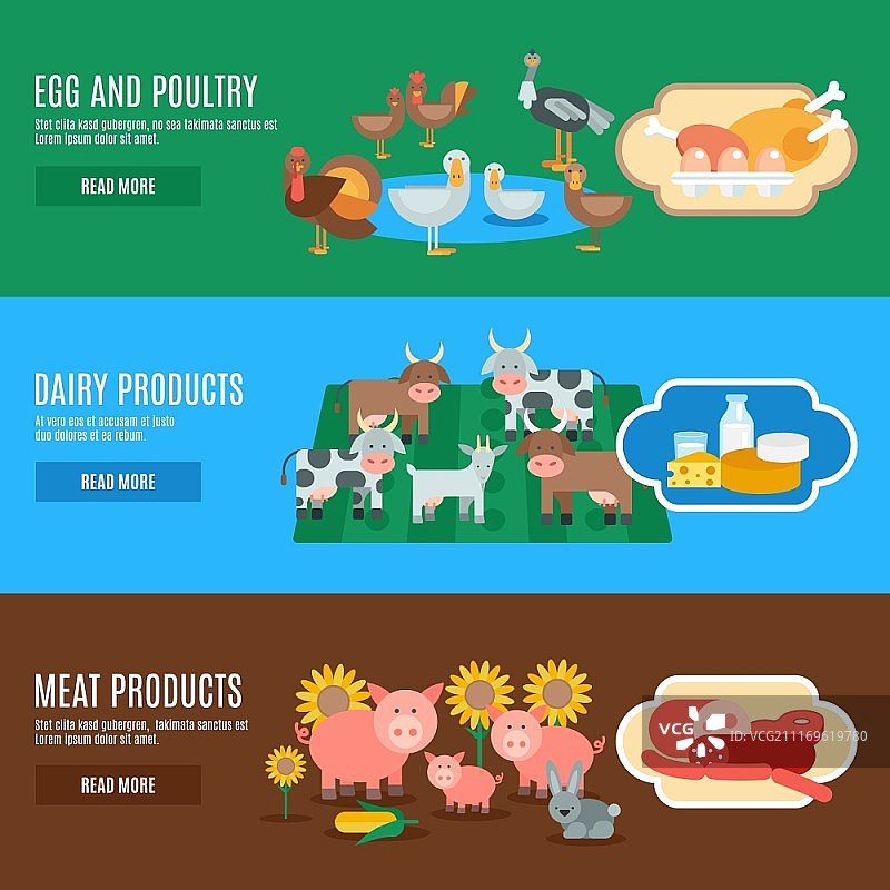 包含蛋肉乳制品元素的家养动物横幅，孤立矢量插图。家养动物横幅图片素材
