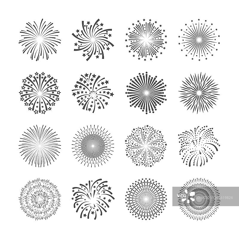 圣诞生日派对和节日烟花庆祝黑色图标设置矢量插画图片素材
