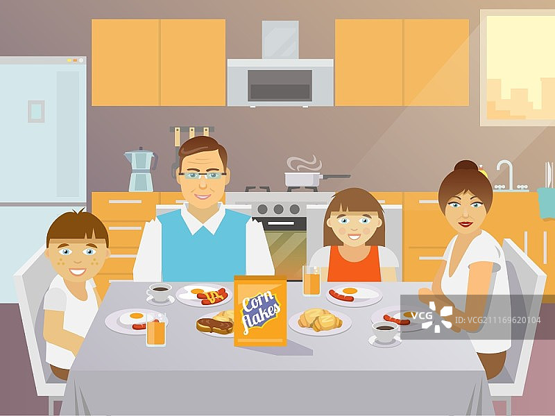 一家四口在厨房吃早餐扁平矢量插画图片素材