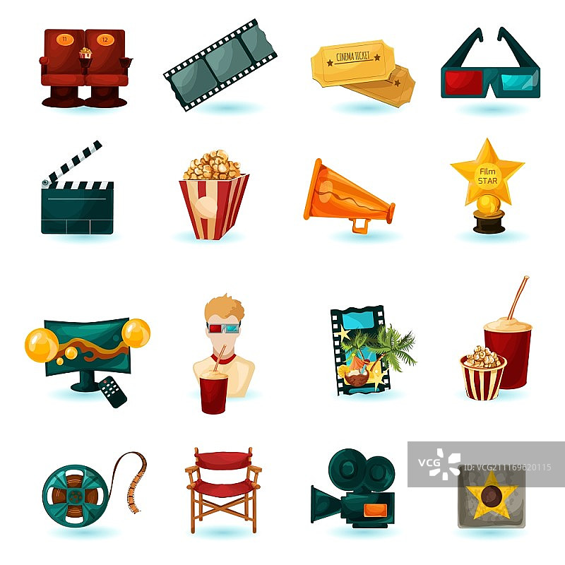 卡通电影院图标，包含3D眼镜和电影胶片图片素材