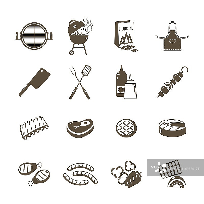 烧烤架和户外夏季野餐用具图标黑色集合矢量图图片素材