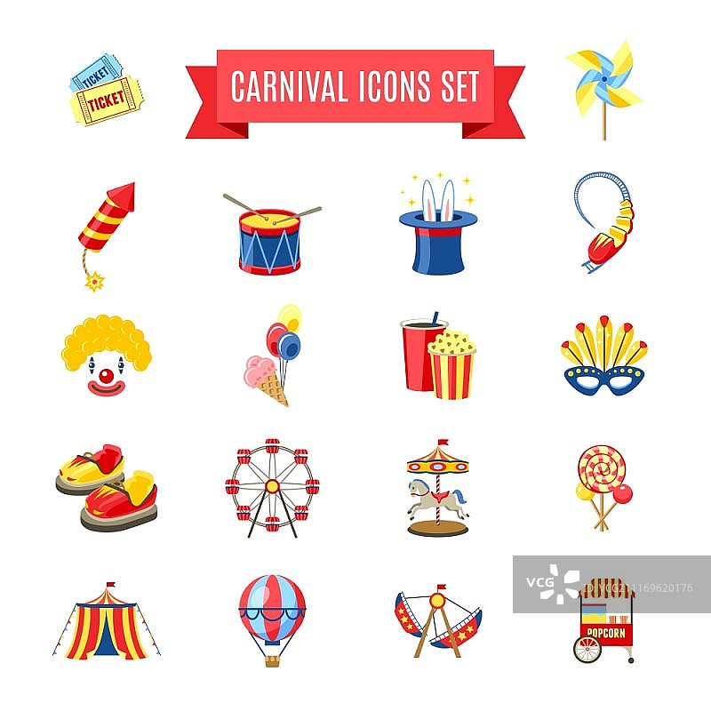 狂欢节游乐场和景点公园图标集矢量插图。狂欢节图标集图片素材