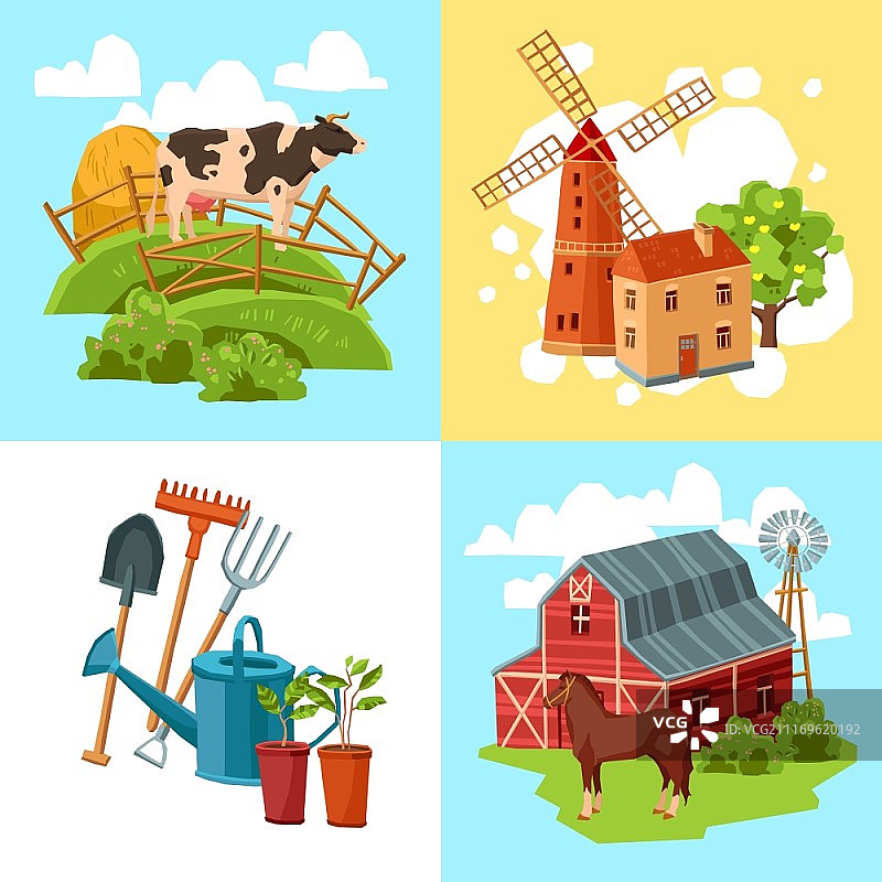 奶牛、干草堆、风车、树、马、谷仓和园艺工具农场设计概念（扁平风格）矢量图图片素材