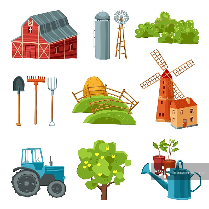 农场装饰彩色套装：谷仓拖拉机风车干草堆筒仓塔树灌木图片素材
