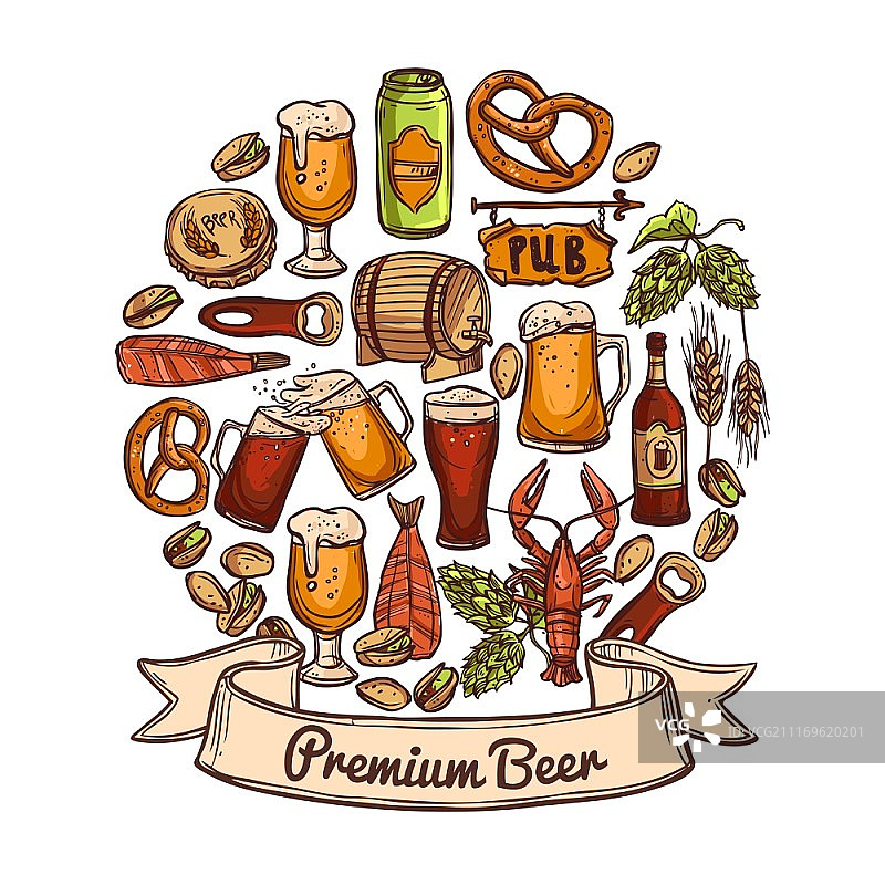 高级啤酒概念草图，包括水壶、开罐器、瓶子、桶盖、小吃、啤酒花、坚果、小龙虾和虾矢量图图片素材