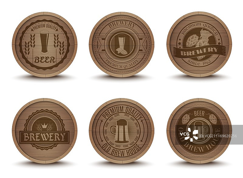 木制啤酒屋标志复古风格饮料杯垫图标合集抽象矢量插图。木制啤酒标志杯垫图标集图片素材