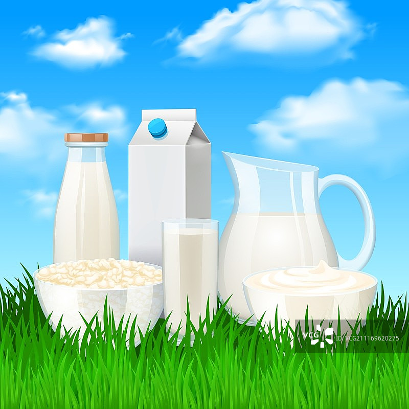 草地背景上的牛奶和酸奶油产品矢量素材图片素材