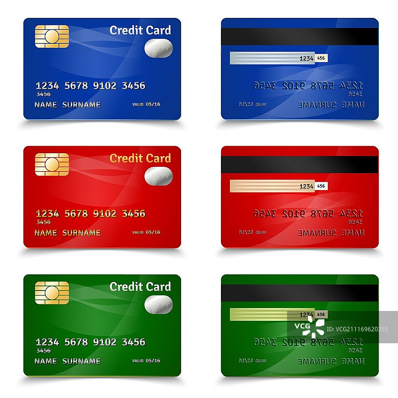 红蓝绿设计的塑料银行信用卡套装，逼真的矢量插图，信用卡设计图片素材