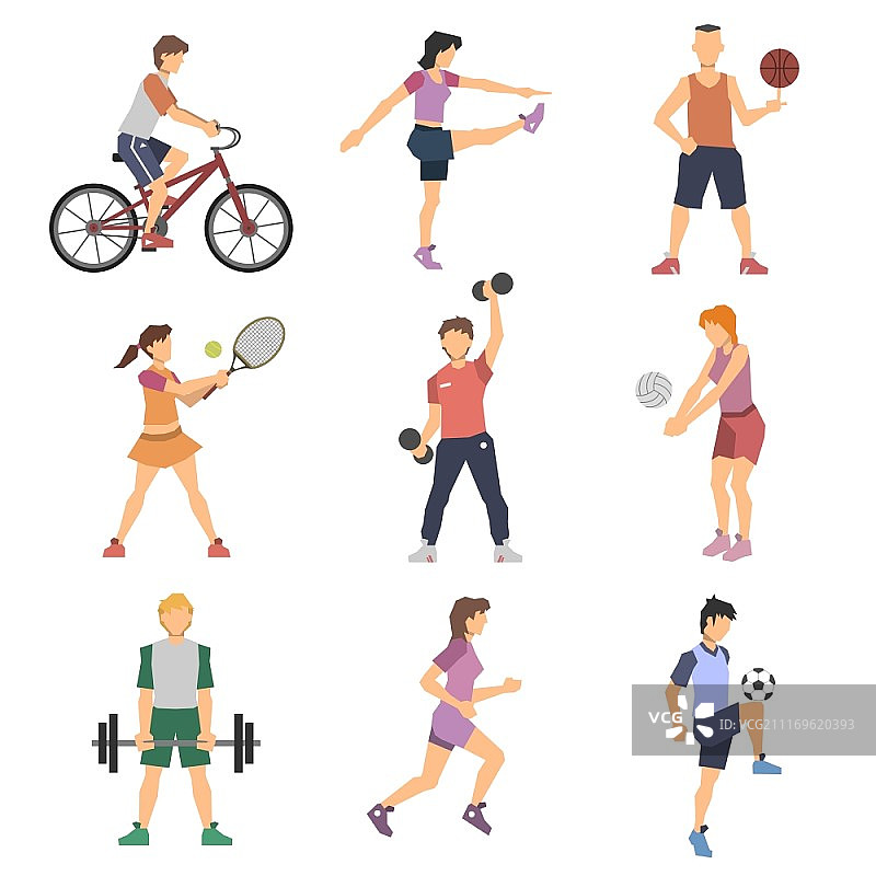 运动人物扁平图标集：男女骑自行车、踢足球和打网球图片素材