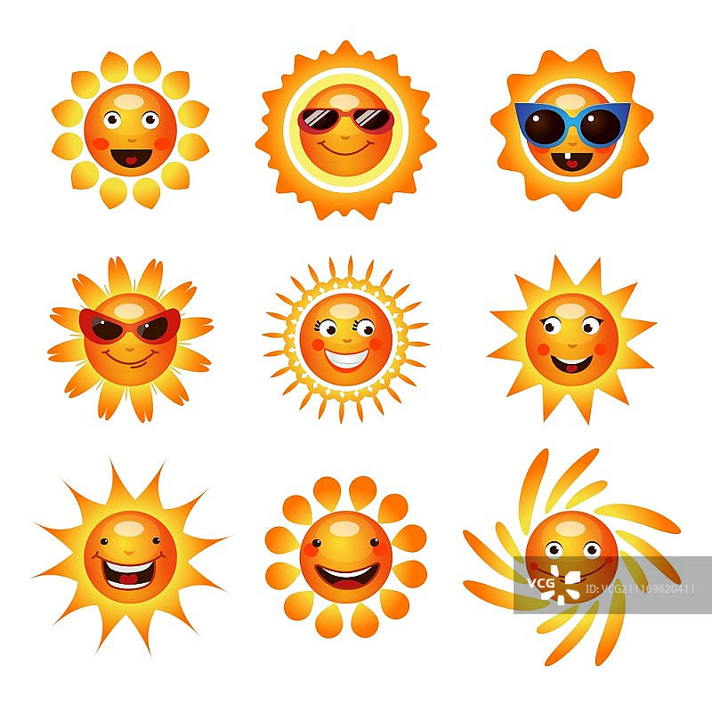 戴太阳镜的快乐微笑人脸的太阳笑脸象形图合集抽象孤立矢量插图，太阳笑脸图标合集图片素材